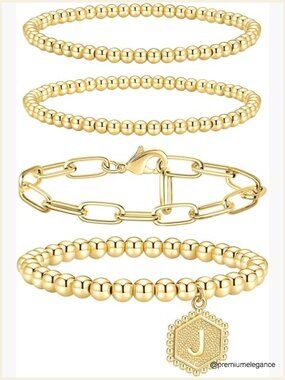14K Gold Plated Initial Beaded Bracelet Set Stackable Stretch Charm